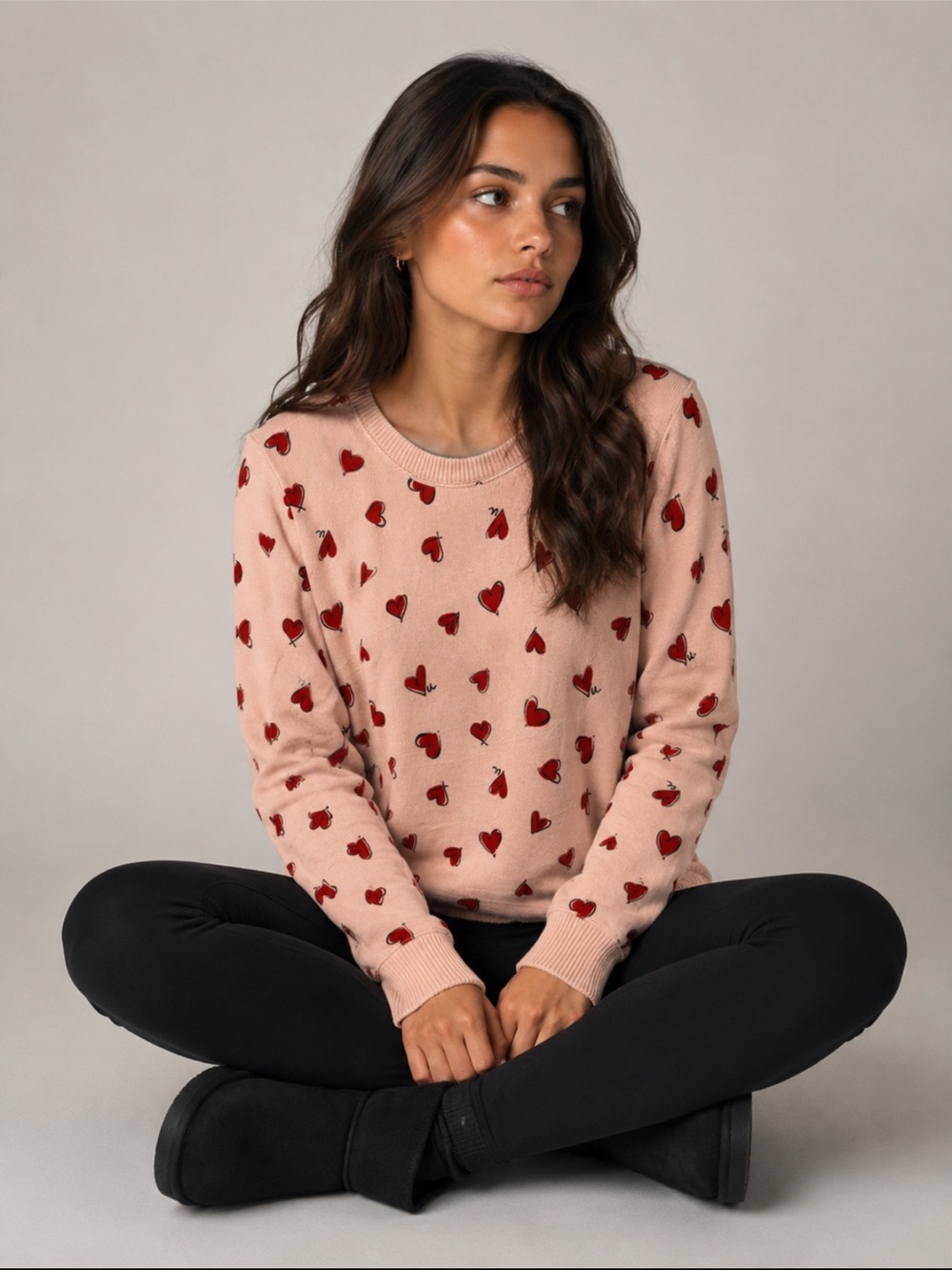 Lucky Brand Pink Crewneck Sweater with Red Heart Motif